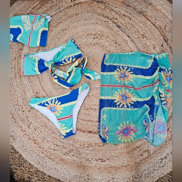 4 Pieces Floral Print Knot Front Swimsuit Bikini & Beach Skirt SIZE M - Picture 3 of 6